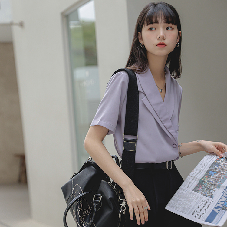 實拍西裝領短袖雪紡襯衫女新款設計感小眾2024夏季襯衣法式上衣
