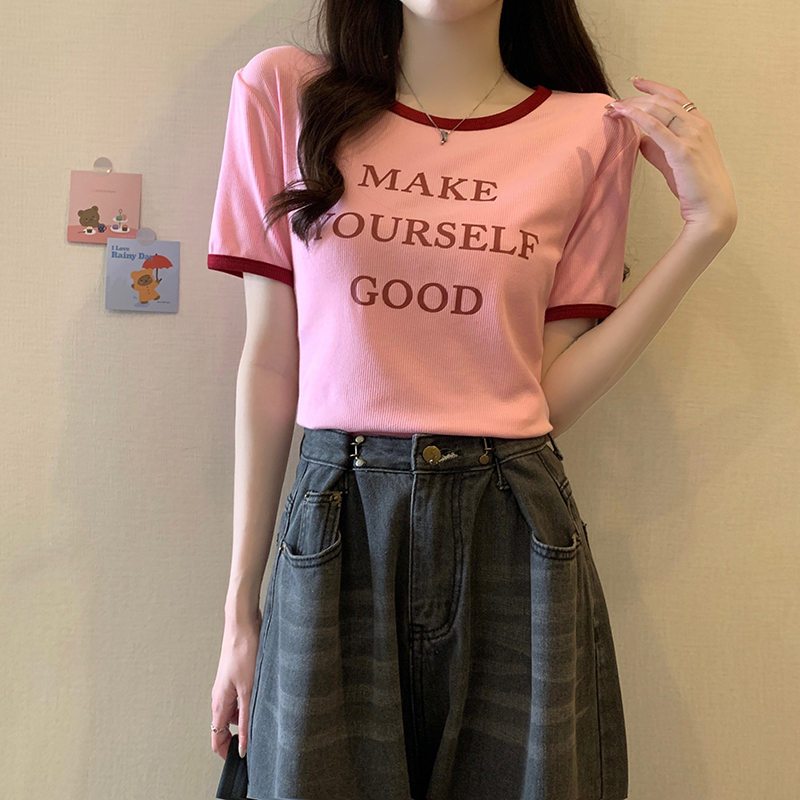實拍短袖t恤女夏2024韓版潮趣味印花短款圓領上衣大碼女裝