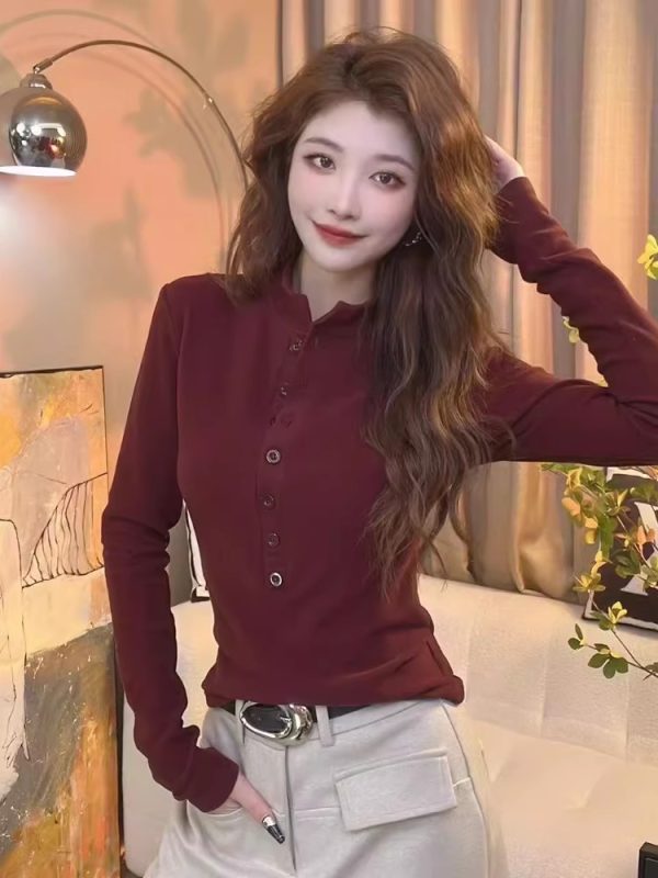 新年紅內搭打底衫女秋冬新款立領洋氣上衣修身顯瘦長袖T恤女