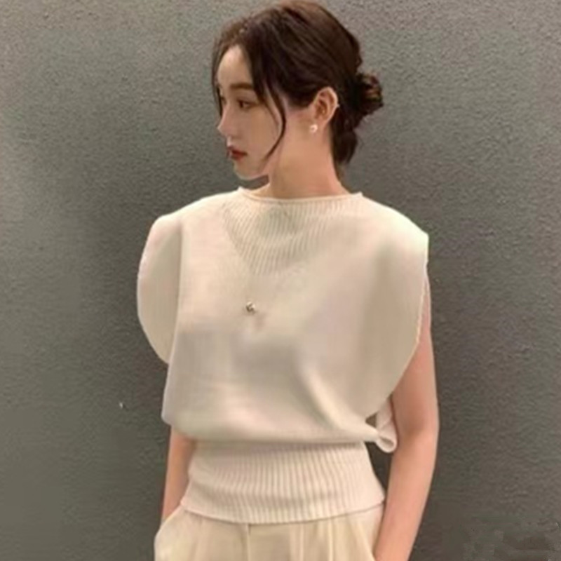 夏季新款韓版輕熟風氣質圓領無袖收腰針織衫上衣女