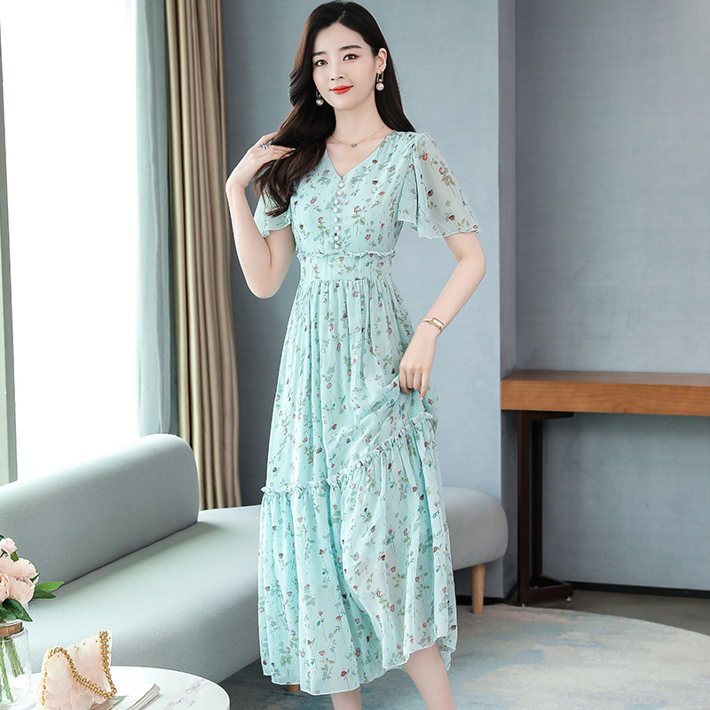 Floral chiffon dress summer fashion new V-neck waist slimming fairy sweet super fairy British style long dress