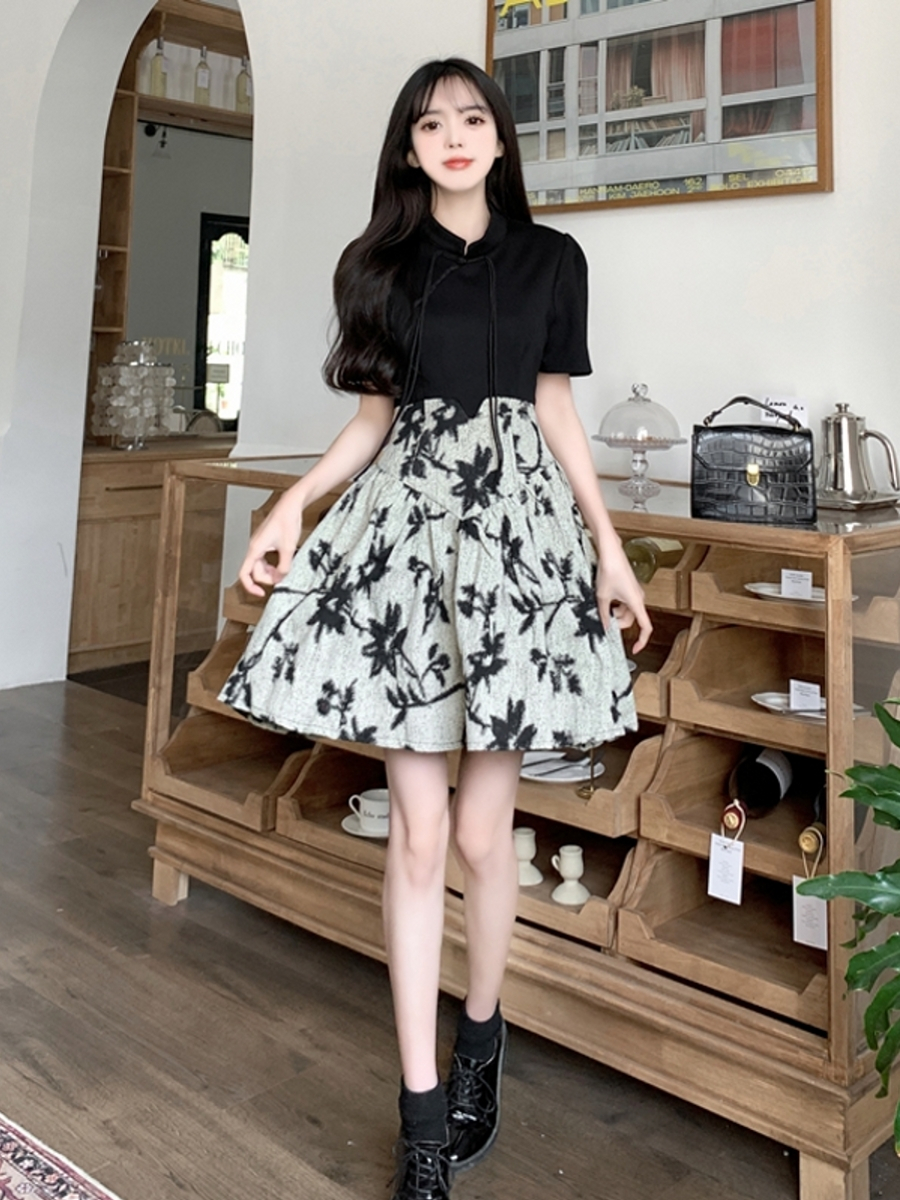 復古國風盤扣連衣裙女夏季新中式立領拼接收腰顯瘦小個子短裙