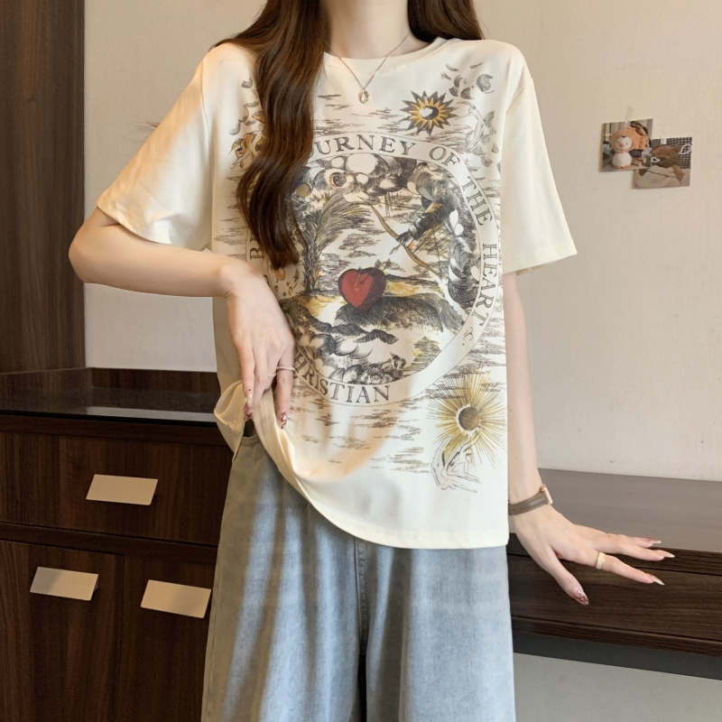 實拍  21支純棉高緊密 2024夏裝前後印花短袖T恤女寬鬆