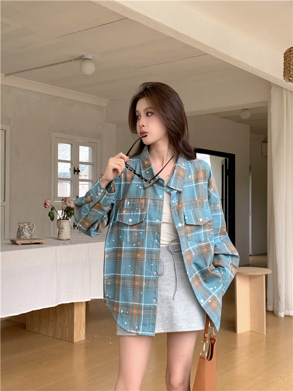 實拍 純棉水洗印花格子襯衫女寬鬆bf慵懶風襯衣計感春秋款