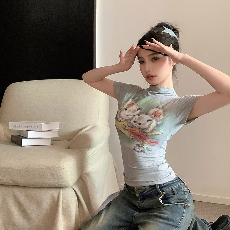 純欲甜辣妹貓咪印花高領正肩短袖T恤女夏季修身短款黃色正肩上衣