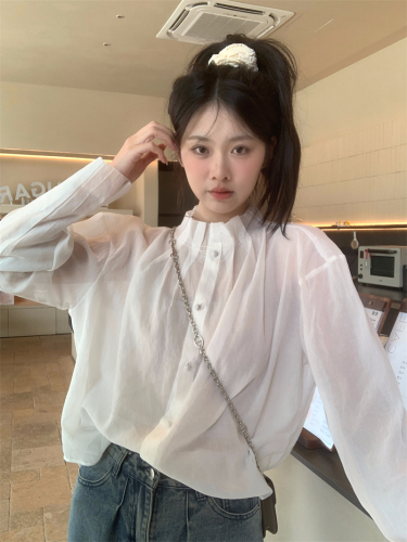 Actual shot of new spring style gentle age-reducing design lace pleated stand-up collar shirt loose inner top