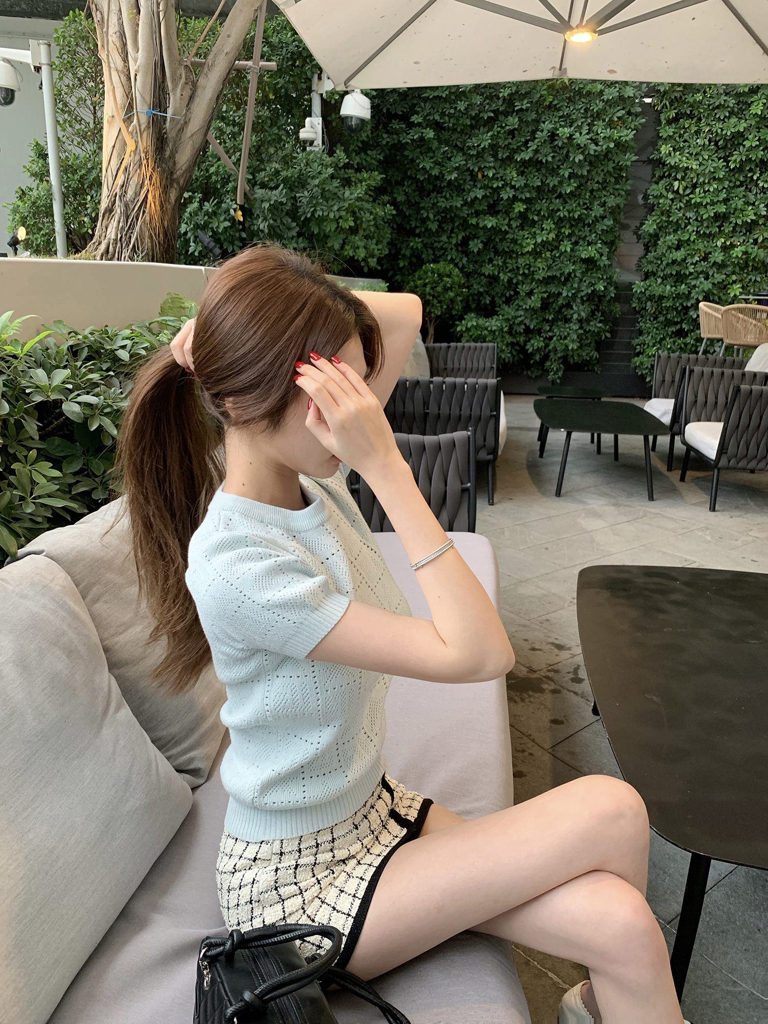 SRUINAW撞色修身短款針織T恤夏季新款美式復古辣妹風緊身短袖上衣