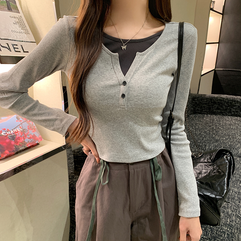 實拍2*2螺紋220克長袖t恤女春秋薄修身假兩件打底衫圓領上衣女裝