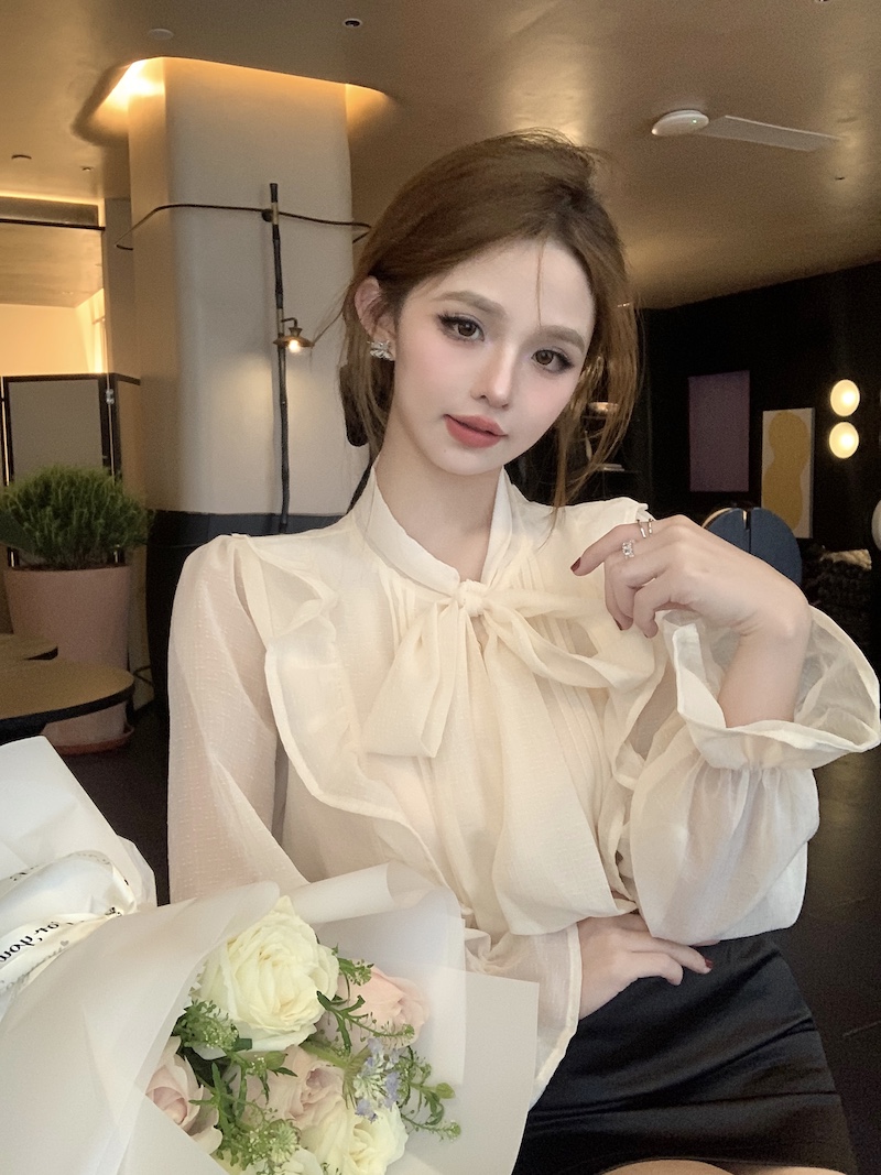 實拍 法式超仙荷葉邊蝴蝶結雪紡襯衫女秋設計感小眾泡泡袖長袖