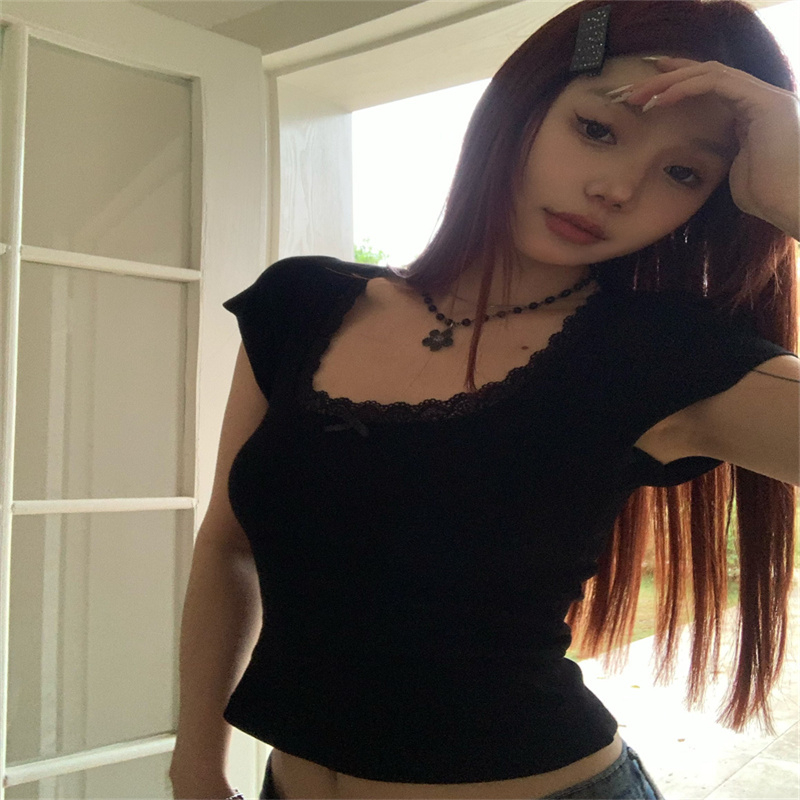 甜辣上頭~性感蕾絲花邊短袖T恤女夏季黑色修身顯瘦短款上衣