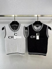 最高B早春2024ins潮小香風百搭減齡坑條紋拼色字母刺繡圓領背心女