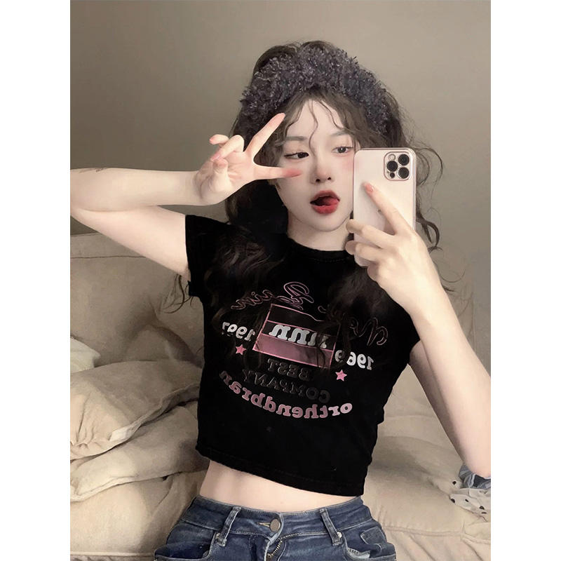 甜辣風正肩短袖t恤女夏設計感小眾別致短款美式復古辣妹露臍上衣