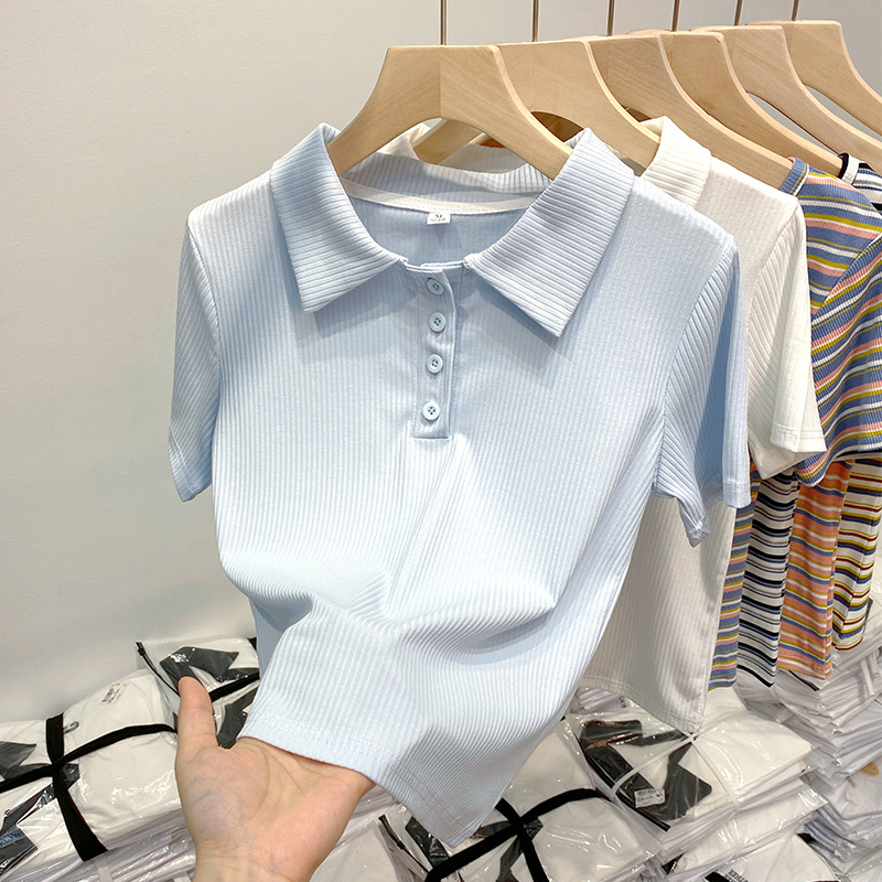 冰絲polo領正肩短袖T恤衫女夏季新款寬鬆百搭顯白翻領短款上衣