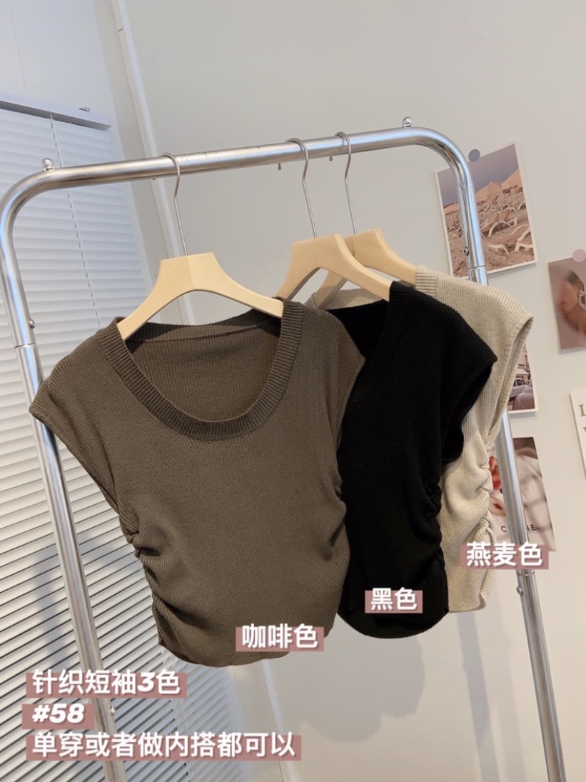 圓領飛飛袖打底針織衫女新款螺紋～修身顯瘦收腰絕絕子