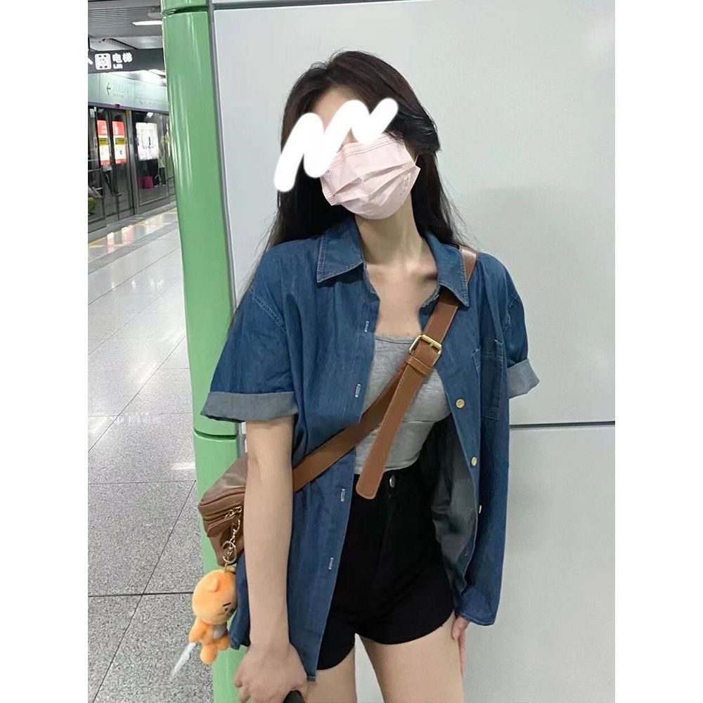 2024夏季韓版牛仔短袖襯衫女寬鬆設計感小眾復古港味半袖上衣外套