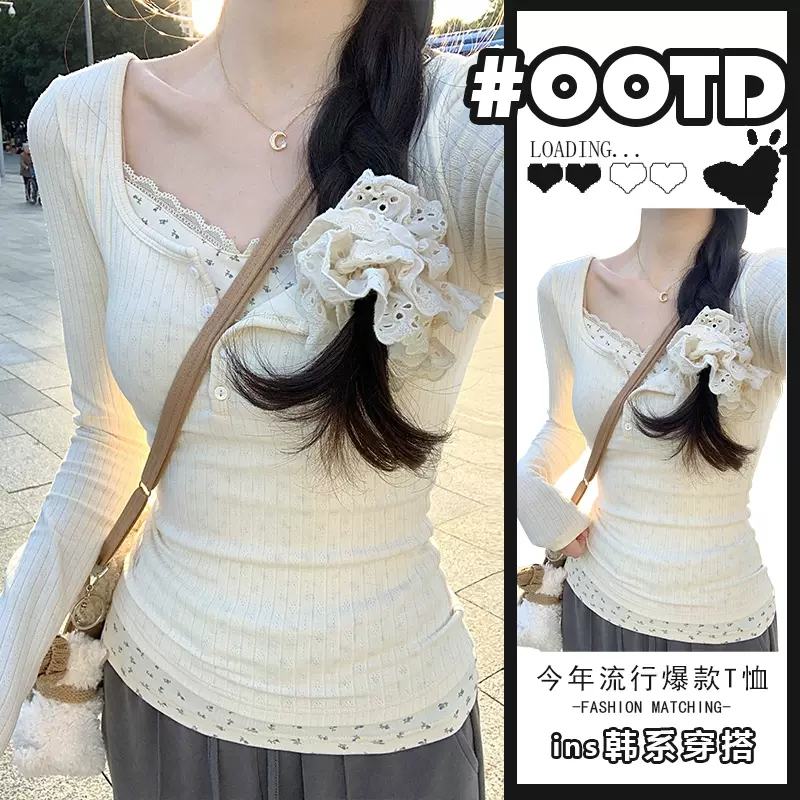 官圖/假兩件蕾絲拼接短款T恤女長袖打底衫網紅上衣