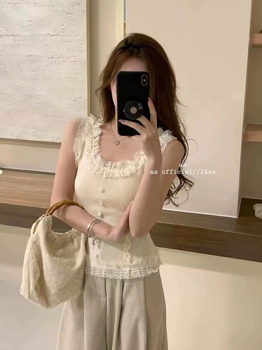 純欲辣妹蕾絲花邊吊帶背心女2024年新款夏季別致小眾內搭打底上衣
