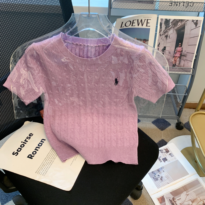 學院風刺繡麻花針織衫女裝夏季法式減齡洋氣小個子短袖毛衣上衣服