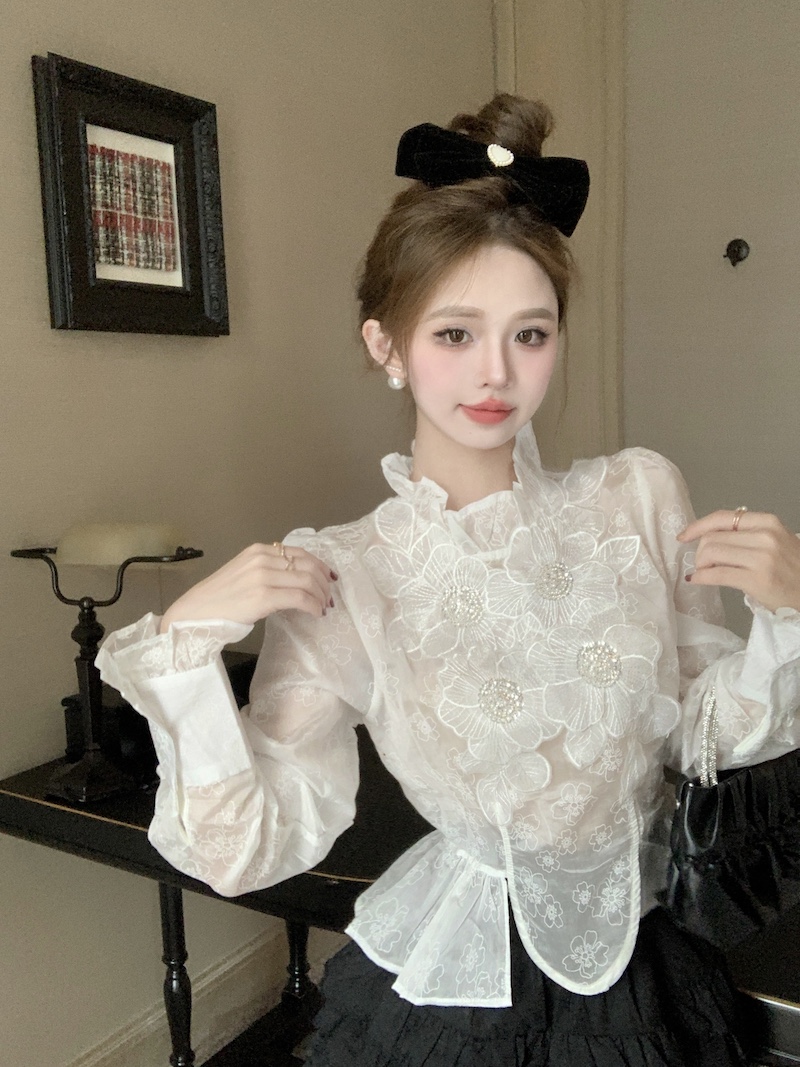 實拍 法式別致裙擺小衫女春2024新款輕奢釘珠花邊襯衫高級感襯衣