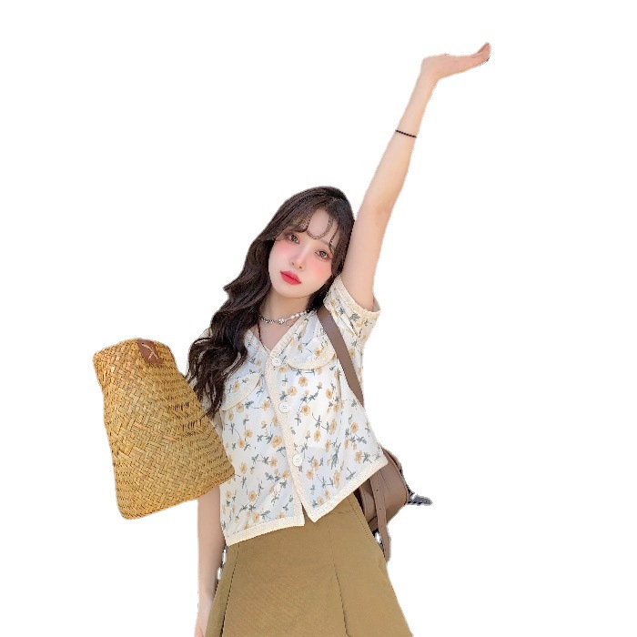 寬鬆上衣女2024夏季胖mm遮肚子顯瘦V領短款露肚臍微胖雪紡襯衫