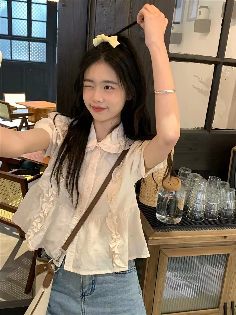 法式甜美設計感木耳邊娃娃領短袖襯衫女夏季新款泡泡袖上衣