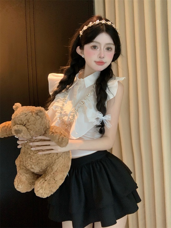 實拍   荷葉邊碎褶女重工襯衫短袖上衣襯衫+百褶裙短裙半身裙