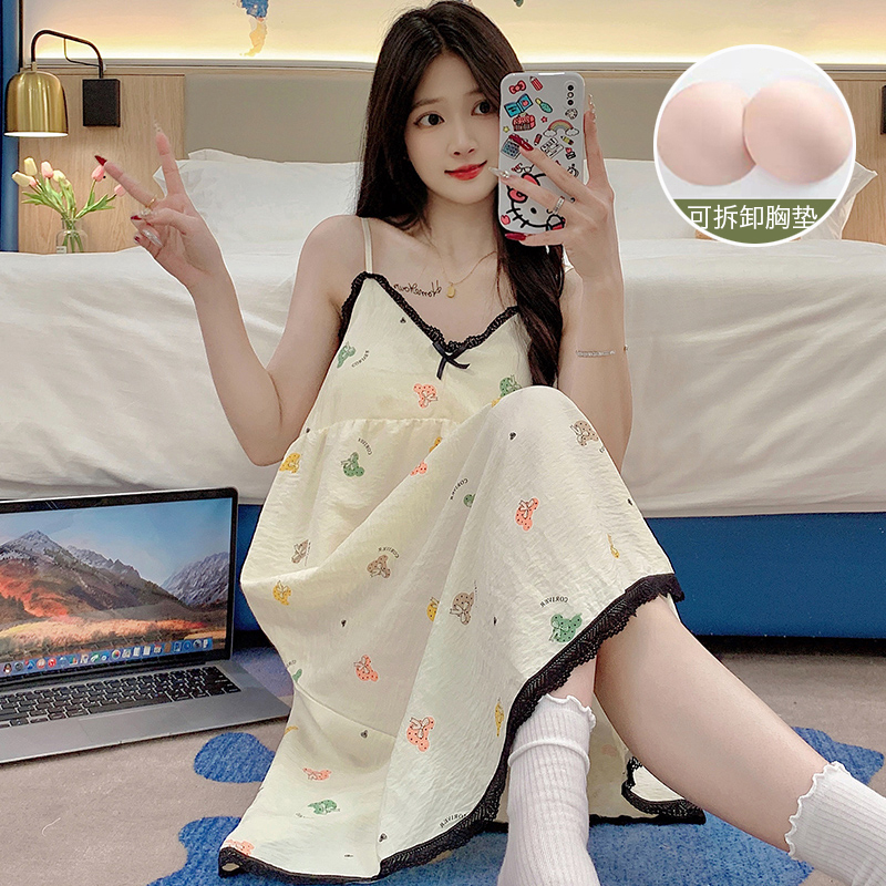 實拍夏季韓版新款梭織雲朵棉帶胸墊睡裙女甜美吊帶可外穿家居服