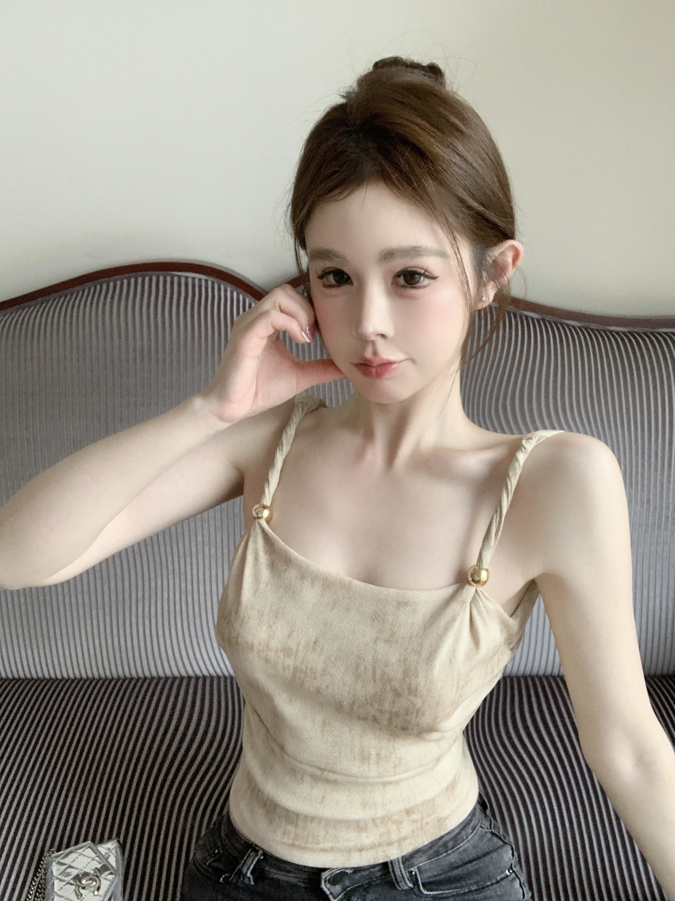 #實拍#甜辣妹扎染網紗吊帶小背心女夏季不規則露背綁帶短款上衣
