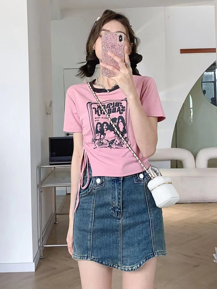 印花百搭打底衫短袖t恤女夏季新款抽繩小眾上衣ins