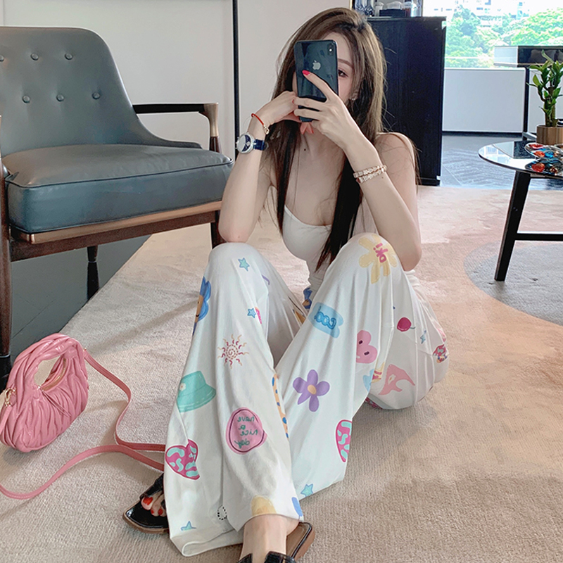 Summer new style printed drape straight casual wide leg pants versatile high waisted pockets lazy floor mopping pants for women