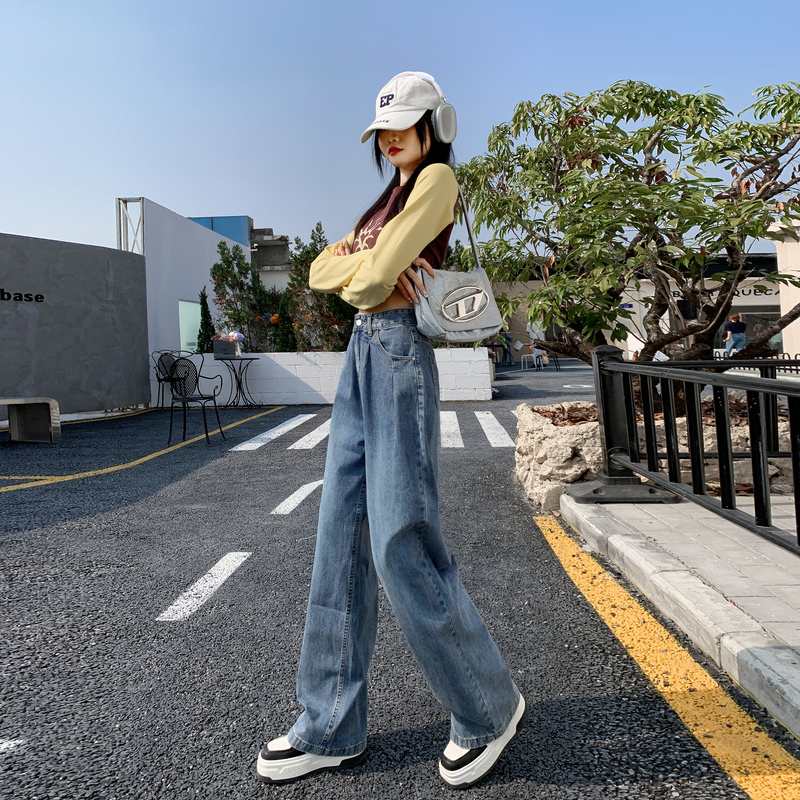 實拍2024春季闊腿牛仔褲褶皺高級感直筒寬鬆垂感拖地褲