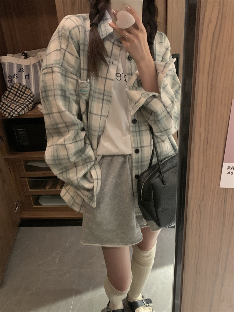 實拍 春夏韓系格子襯衫外套氣質ins潮高級感寬鬆顯白長袖襯衫~