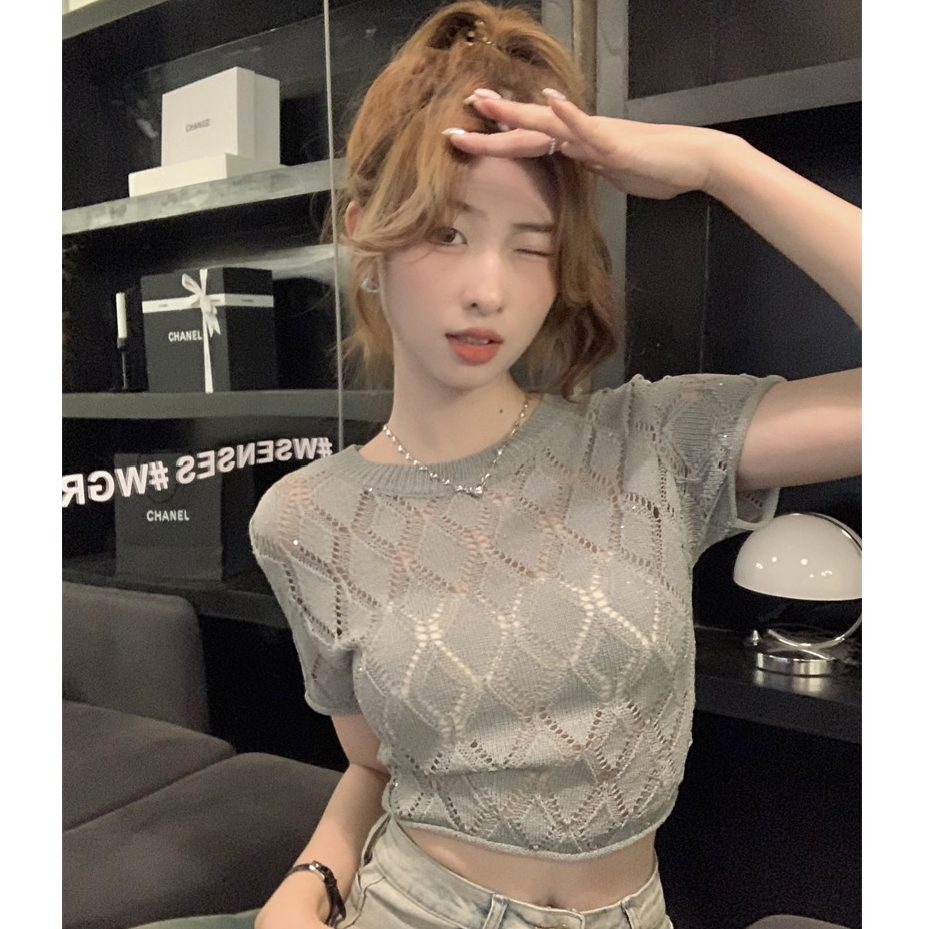 Hot girl short-sleeved right shoulder T-shirt women's summer hollow design bm style slim backless short lace-up knitted top