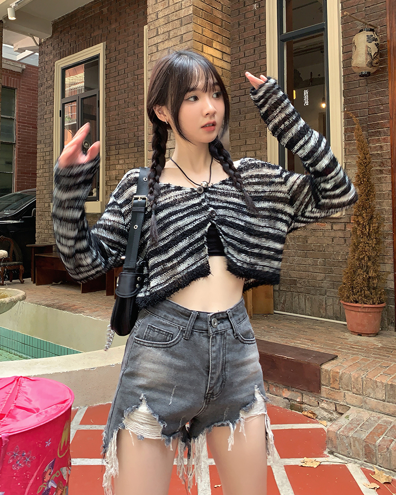 實拍  春夏條紋針織開衫短款辣妹露臍薄款長袖防曬上衣女