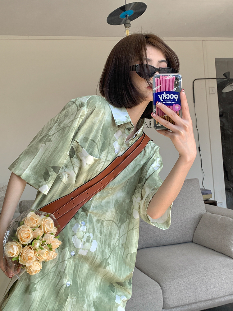 淺綠色短袖襯衫女2024夏季薄款韓版寬鬆設計感小眾美式復古襯衣潮
