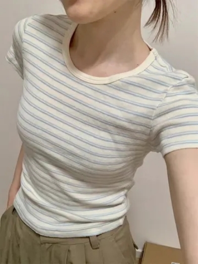 92棉/8氨綸短袖正肩t恤女夏季2024新款緊身辣妹短款上衣設計感