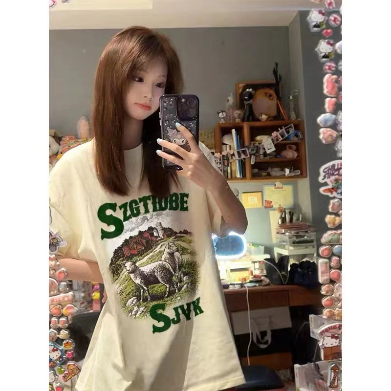 純棉重磅美式復古短袖t恤女2024新款夏季ins潮牌設計感寬鬆上衣服
