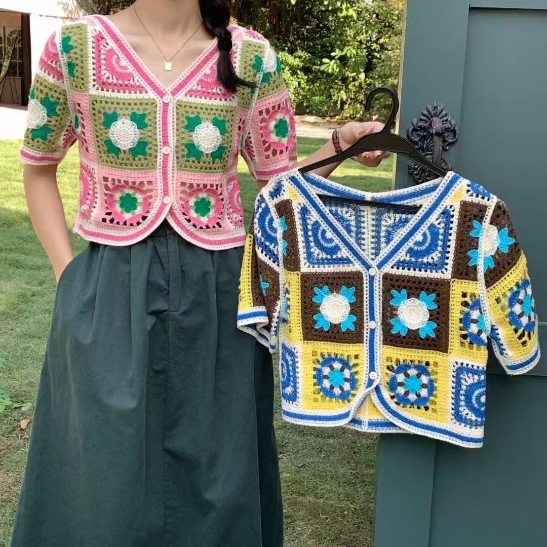 薄款鏤空鈎花V領短袖針織衫女夏季新款甜美修身顯瘦防曬短款開衫