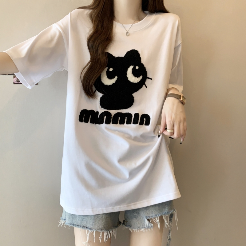 實拍  夏裝毛巾繡短袖T恤女寬鬆繡花卡通