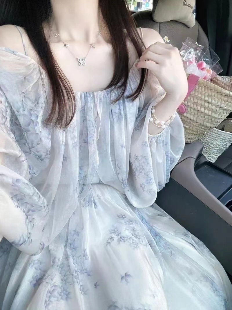 小香風茶歇法式氣質名媛高端精緻藍色長袖一字肩連衣裙女2024秋季