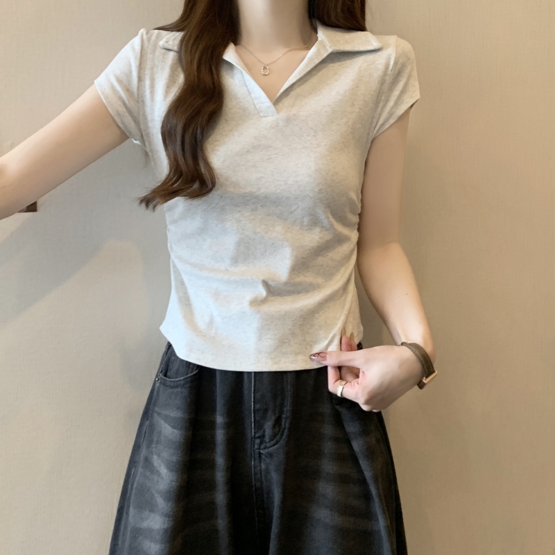 實拍- 40支純棉 2024夏裝polo領收腰設計感小短袖T恤女