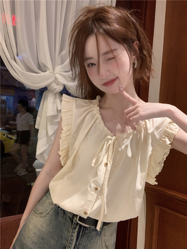 實拍~夏季新款設計感小飛袖單排扣抽繩系帶木耳邊背心襯衫女