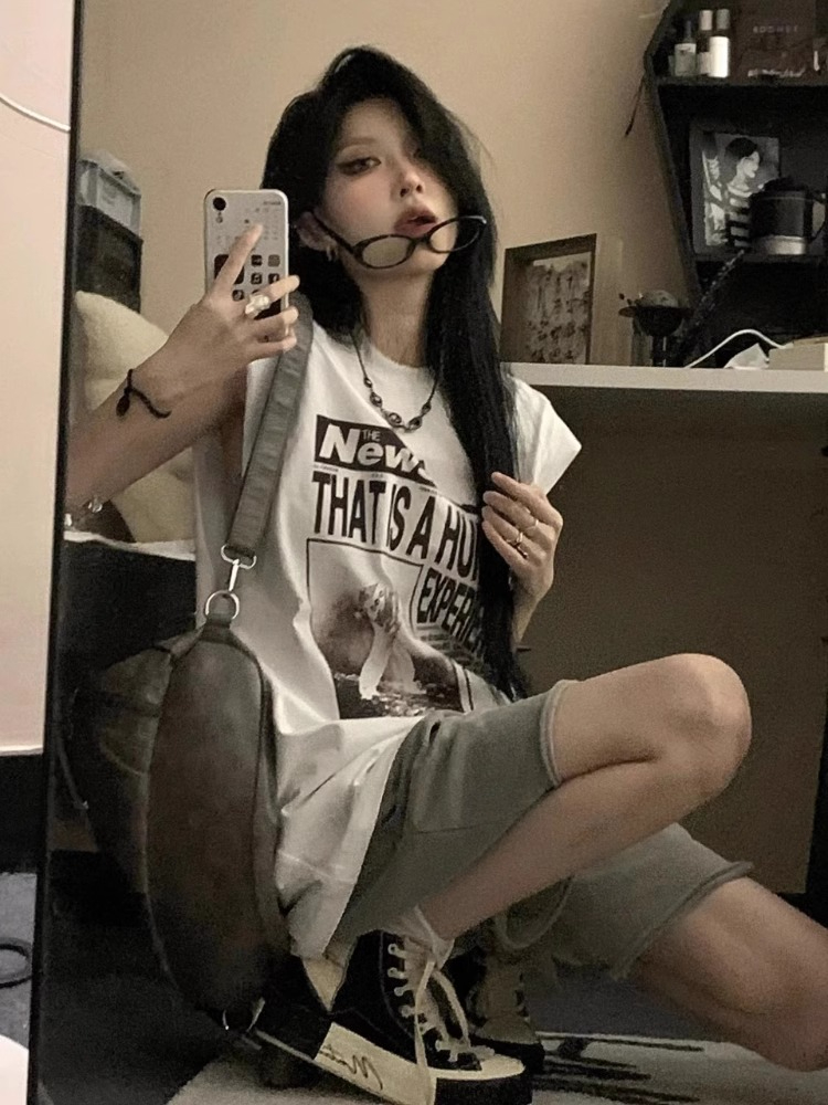 精梳純棉美式舊報紙印花無袖背心女寬鬆設計感t恤白色上衣ins潮