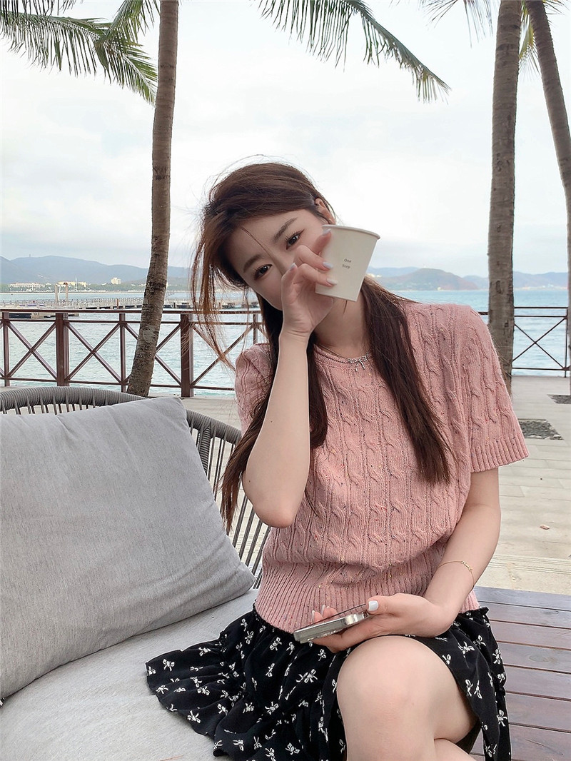 Actual shot~Summer Korean style rolled edge thick stitch colorful dot short-sleeved twist knitwear versatile niche tops ideas