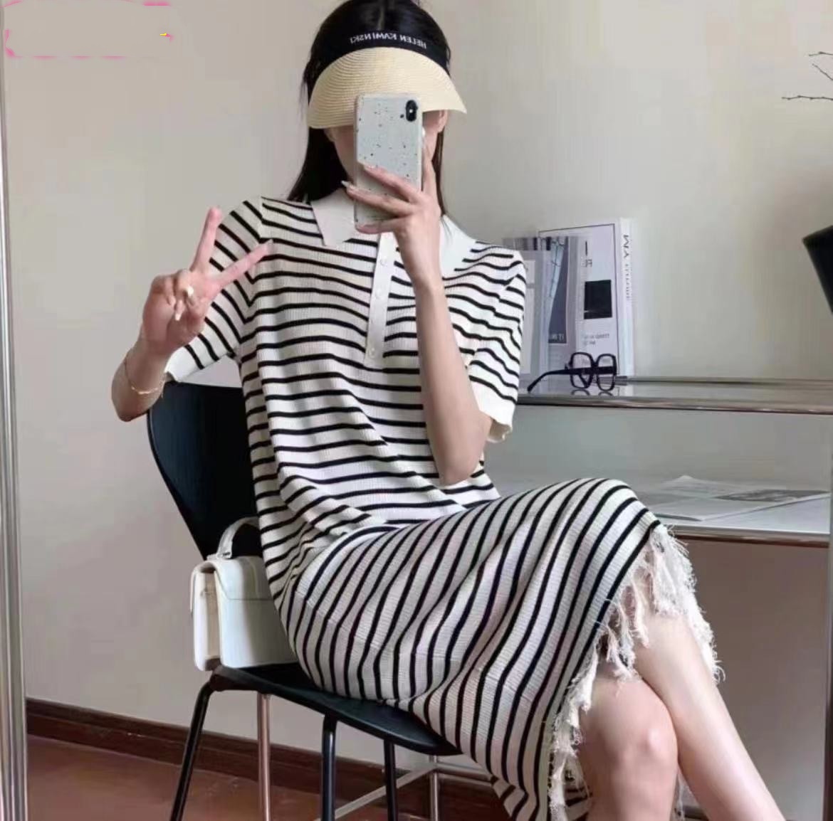 春夏復古條紋針織連衣裙女polo領氣質寬鬆小個子裙子休閒時尚lf