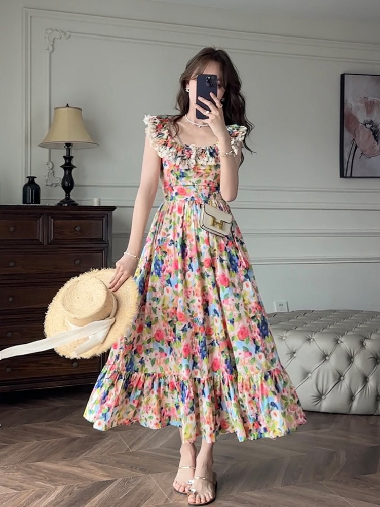 2024 new summer style colorful floral sleeveless one-shoulder French tea break seaside vacation designer dress