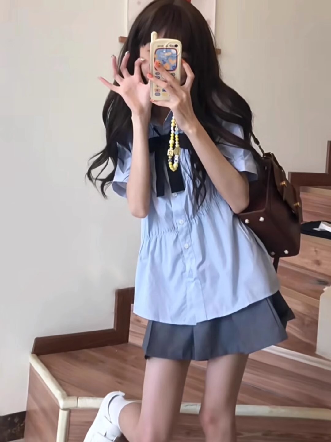 官圖 藍色短袖襯衫女夏季學院風甜美寬鬆純色襯衣高級感褶皺上衣