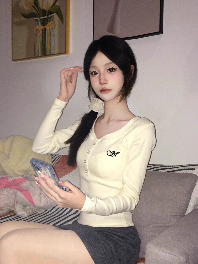 人棉260克1*1V領長袖t恤女修身顯瘦百搭辣妹打底衫上衣