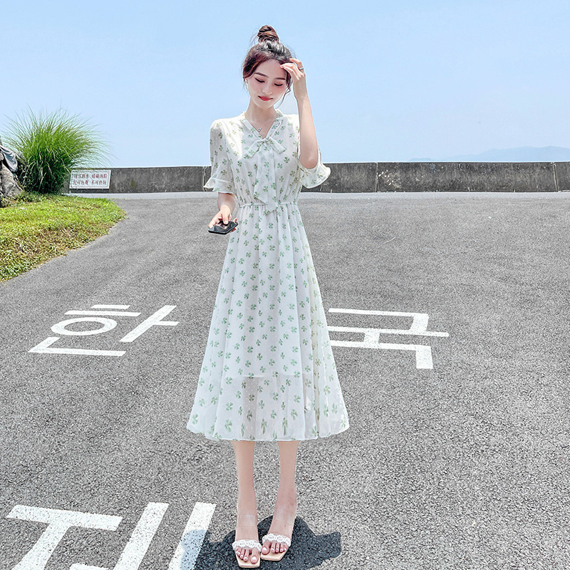 Spring, summer and autumn new style loose slimming large size bottoming skirt short-sleeved retro strappy floral pleated chiffon dress