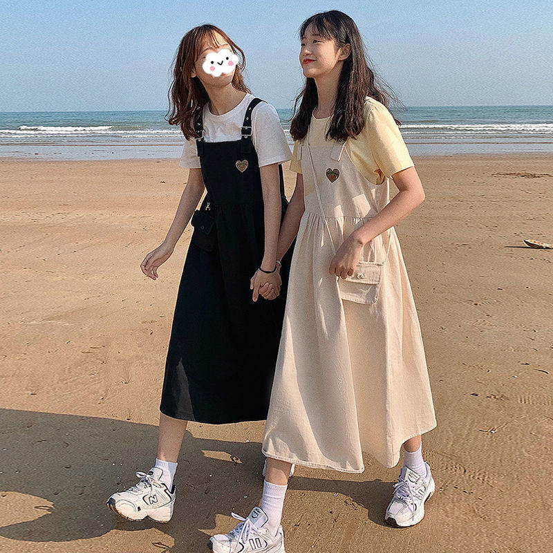 有送包包純棉連衣裙女2024夏季新款愛心刺繡工裝背帶裙子